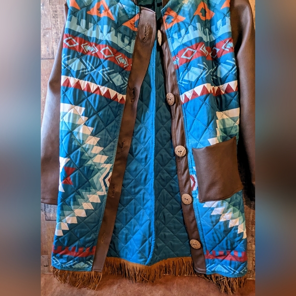 New Handcrafted By Donna Originals Aztec Blue Coat With Faux Suede Sleeves - Picture 8 of 15